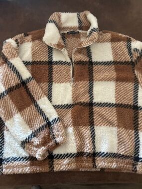 Women’s Brown Plaid Sherpa Quarter-Zip Pullover. Super soft.